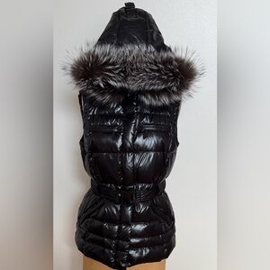 KORS Michael Kors Shiny Black Puffer Down Vest Removable Fur Hood Pristine SZ M